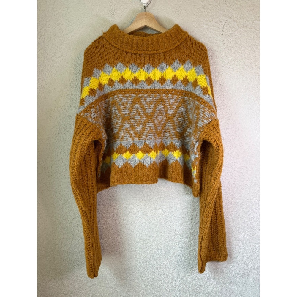 Free People Alpine Mustard Yellow Fair Isle Wool Alpaca Blend Cropped Pullover M - Picture 2 of 5